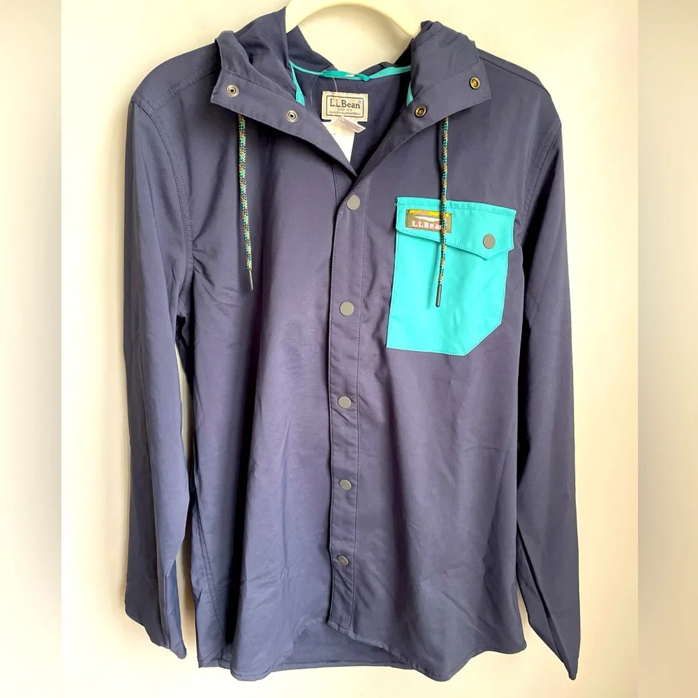 New L.L. Bean Men’s Navy Hooded Wind Shirt Size Small - Picture 1 of 9